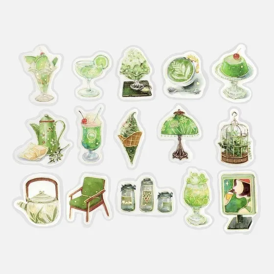 Official BGM image showing fifteen green cafe motifs, including drinks, desserts, a chair and a lamp.
