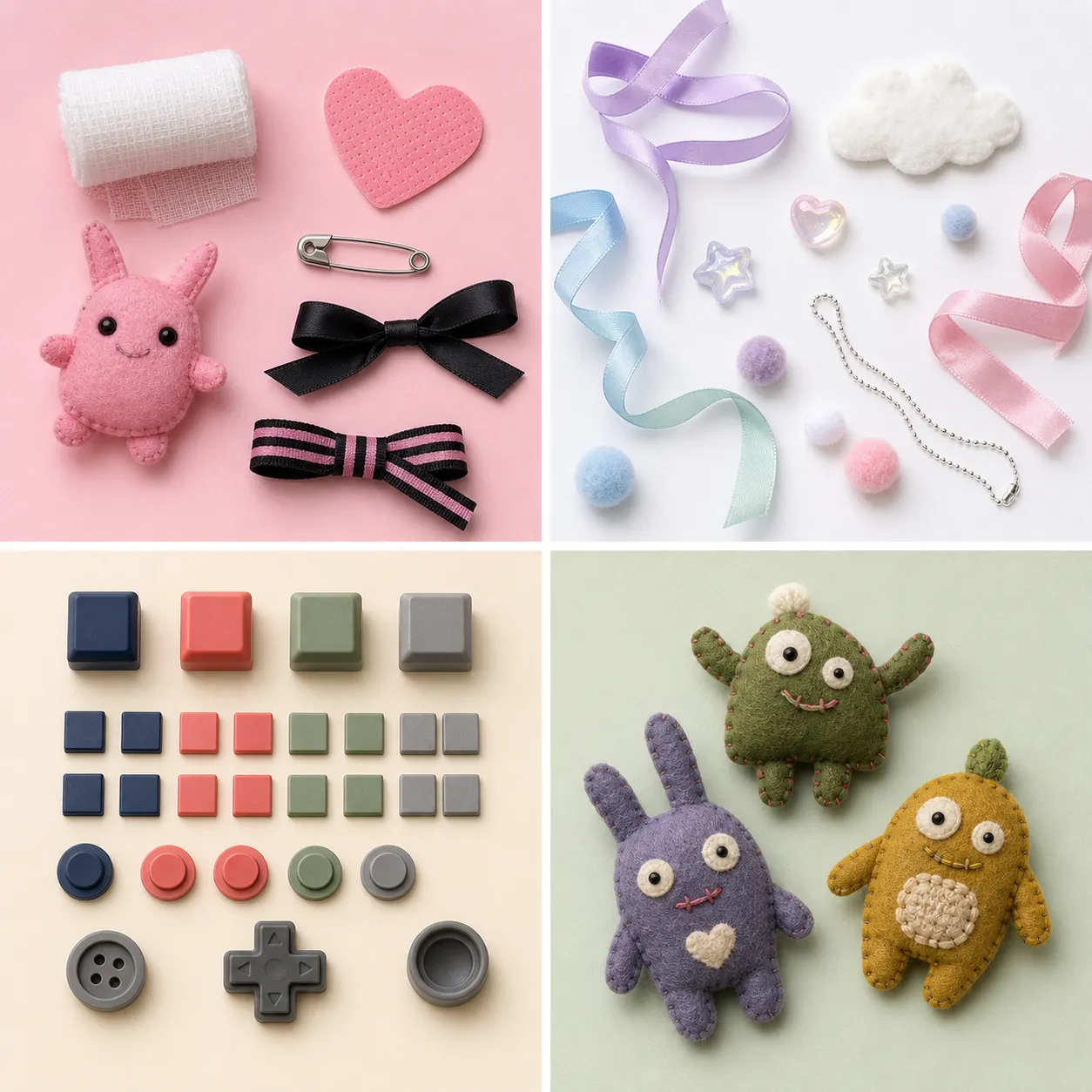 Generated editorial image: a comparison tray divided into four squares. Top left, on pink — a roll of gauze, a heart-shaped plaster, a safety pin, a black satin bow, a black and pink striped ribbon, and a small pink felt mascot sewn around its edge. Top right, on white — lavender, blue, mint and pink satin ribbons, a white felted cloud, iridescent star and heart charms, pom-poms and a fine silver chain, all set far apart. Bottom left, on cream — navy, coral, sage and grey keycaps, small square tiles laid out in a grid, round buttons and a directional pad. Bottom right, on pale green — three hand-sewn felt creatures with mismatched eyes, stitched mouths and visible blanket stitch.