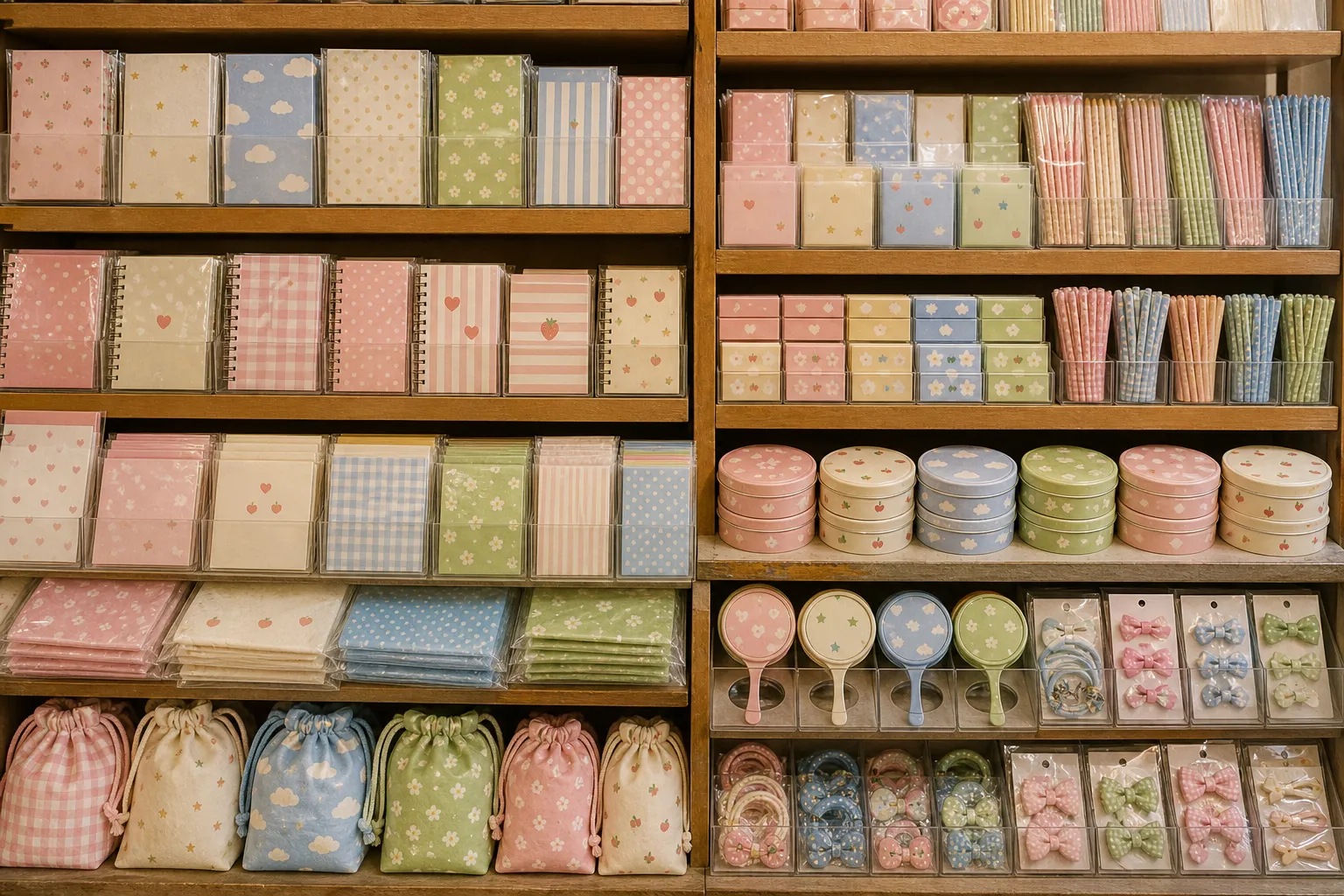 AI-generated editorial scene: a densely stocked stationery and zakka shelf seen head-on, with unbranded letter sets, small boxes, pastel notebooks and pencil cases arranged in rows.