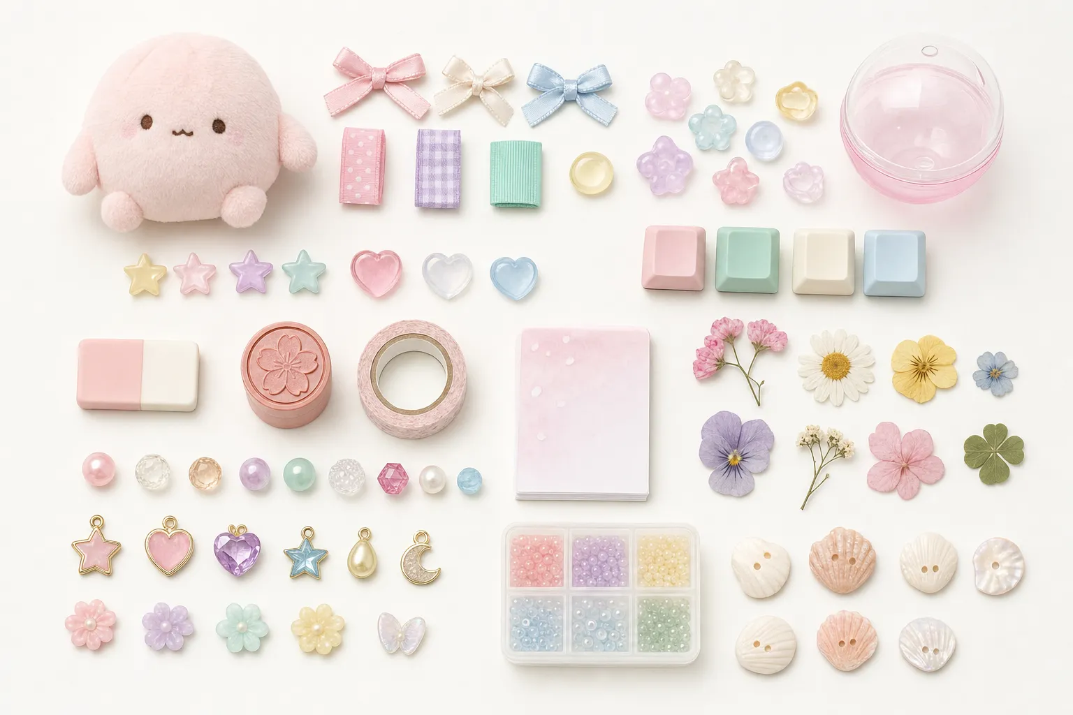 A specimen tray of Japanese kawaii goods laid out in rows on a cream surface: a round pink plush mascot, satin bows, ribbon rolls, pastel star and heart charms, a clear capsule shell, keycaps, an eraser, a flower stamp, washi tape, a memo pad, pressed flowers, beads sorted in a case, and shell buttons.