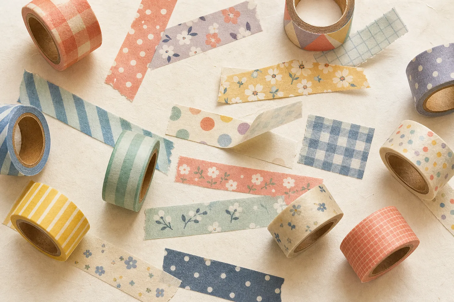 AI-generated editorial specimen: unbranded paper masking-tape rolls and torn strips in coral, blue, mint, yellow and lavender patterns on a warm off-white surface.