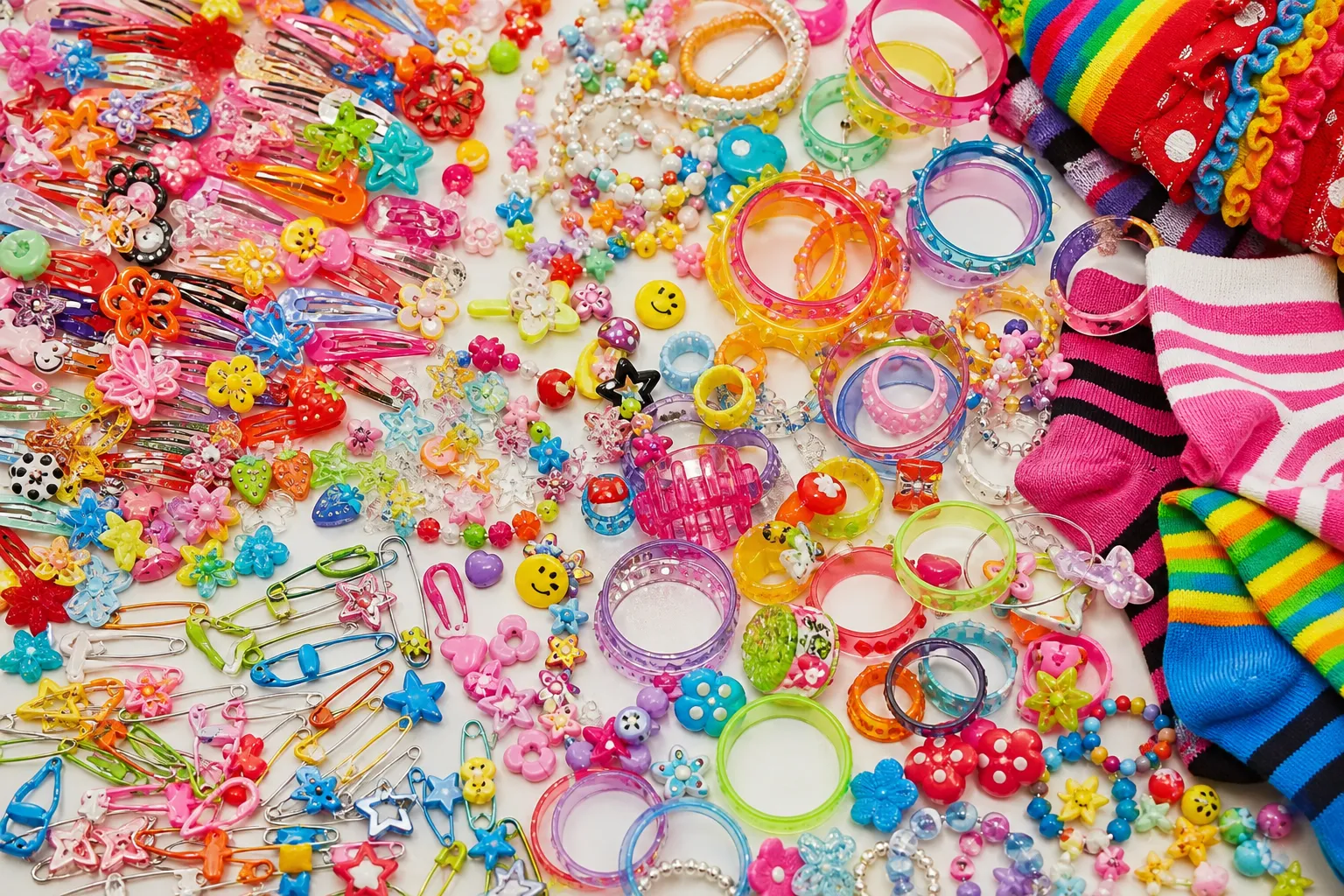 AI-generated editorial specimen: a dense arrangement of colourful hair clips, translucent bracelets, bead strands, safety-pin accessories, striped socks and layered fabric on a pale surface.
