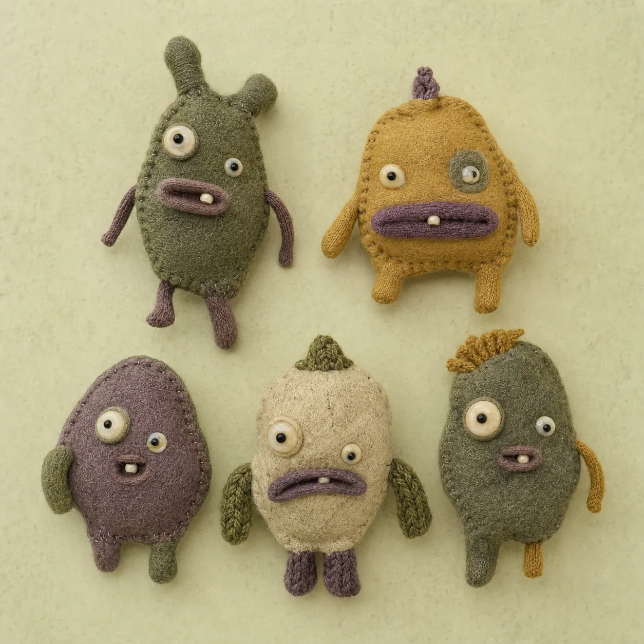 Generated editorial image: five hand-sewn felt creatures in moss green, muted plum, mustard and cream, each with mismatched eyes at different heights, a half-open stitched mouth showing one bead tooth, and arms and legs of uneven length, on a pale green background.