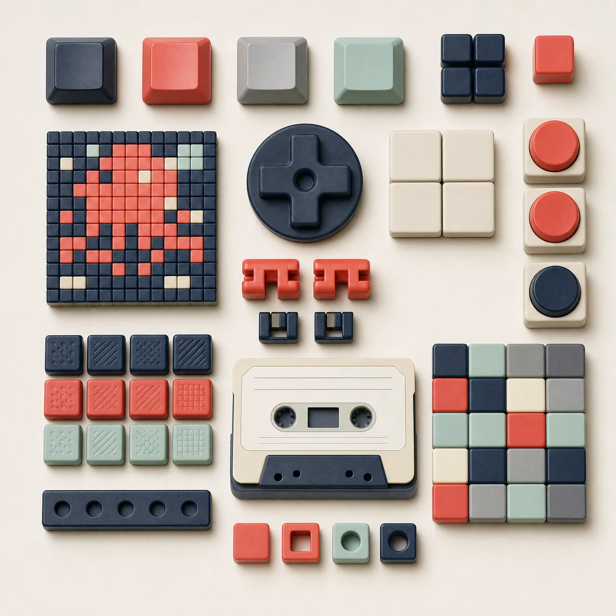 Generated editorial image: square keycaps, small square beads arranged in a pixel grid, rubber buttons, a cassette-shaped memo pad and small plastic tiles in navy, coral, grey and cream, arranged on a cream background.