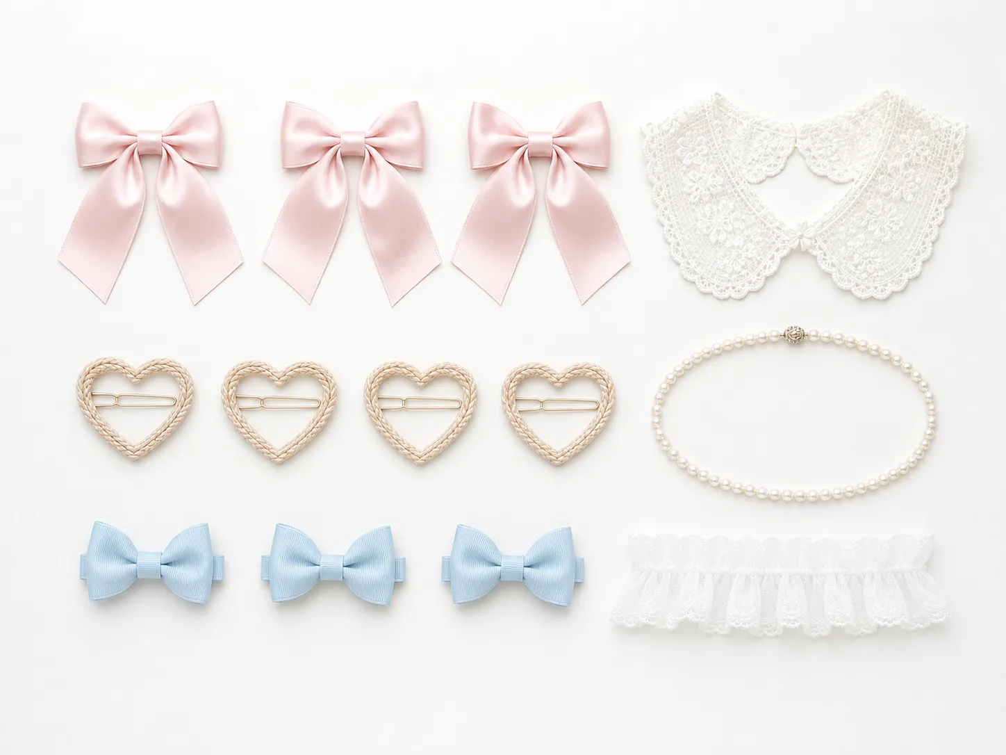 Generated editorial image: pastel accessories in neat rows on white — three identical pale pink satin bows, a white lace collar, a pearl necklace, four identical beige heart hair clips, three identical pale blue ribbon clips and a white frill trim.