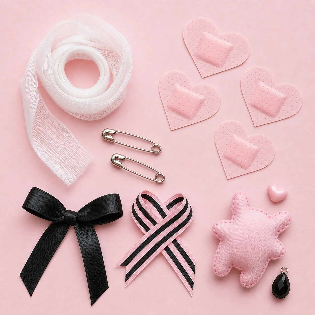 Generated editorial image: a roll of white gauze, four pink heart-shaped plasters, two silver safety pins, a black satin bow, a pink and black striped ribbon, a small pink fabric mascot with visible stitching, and a black teardrop charm, arranged on a baby pink background.