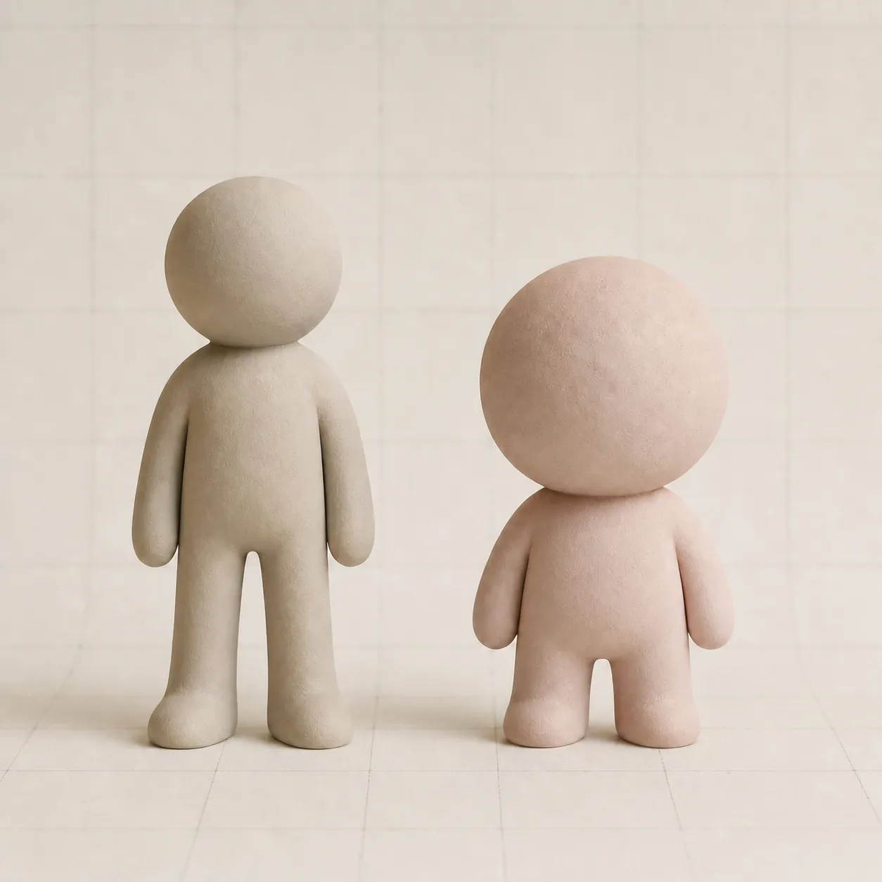 AI-generated editorial proportion study: two blank-faced paper-clay figures stand side by side on an unlabelled grid, one with relatively natural proportions and one redesigned with a larger round head, shorter torso and shorter limbs.