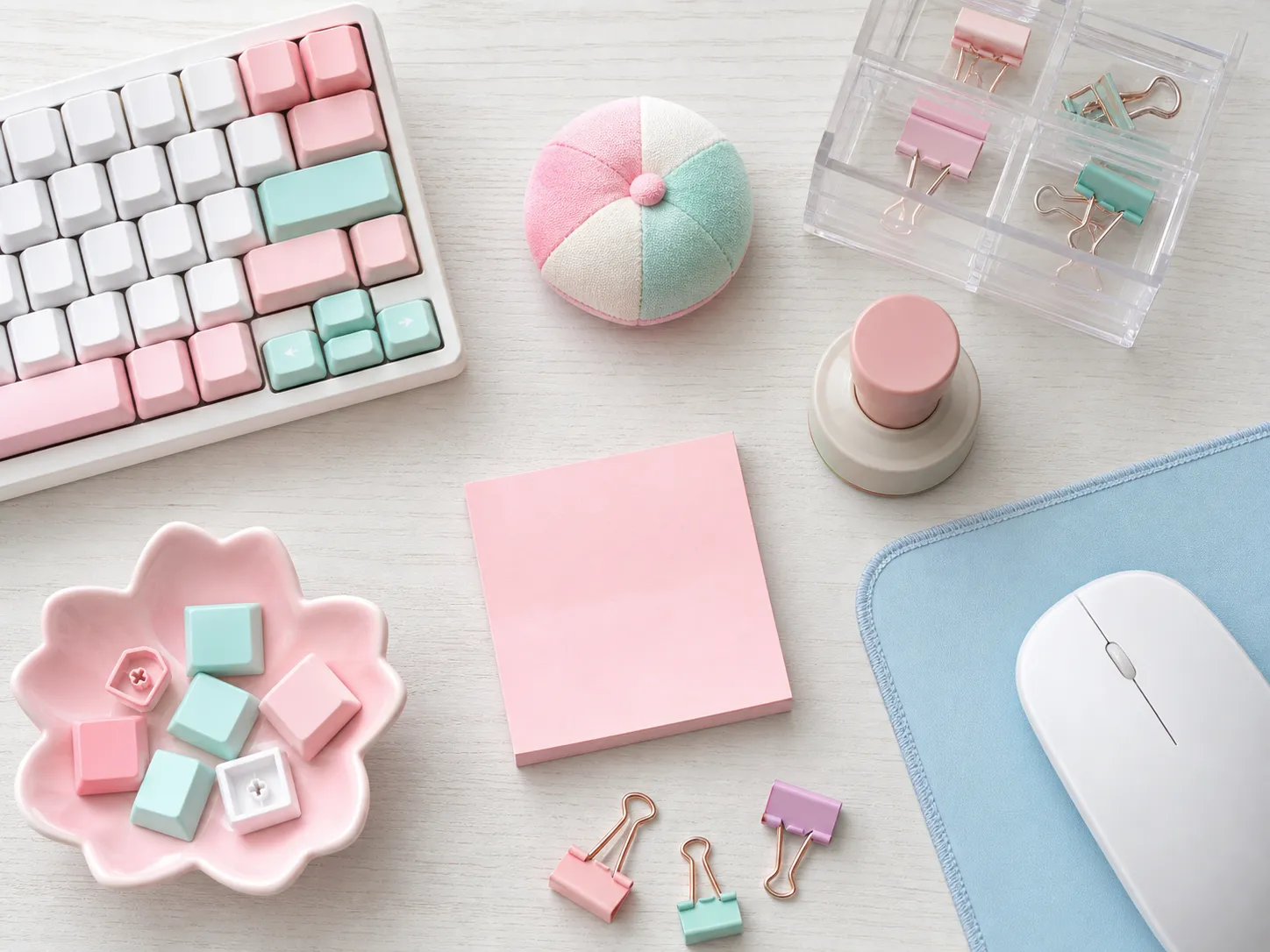 Generated editorial image: pastel pink and mint keycaps, a small round fabric mascot, the corner of a pale blue desk mat, a pink memo pad, a round stamp and pastel clips on a light wooden desk.