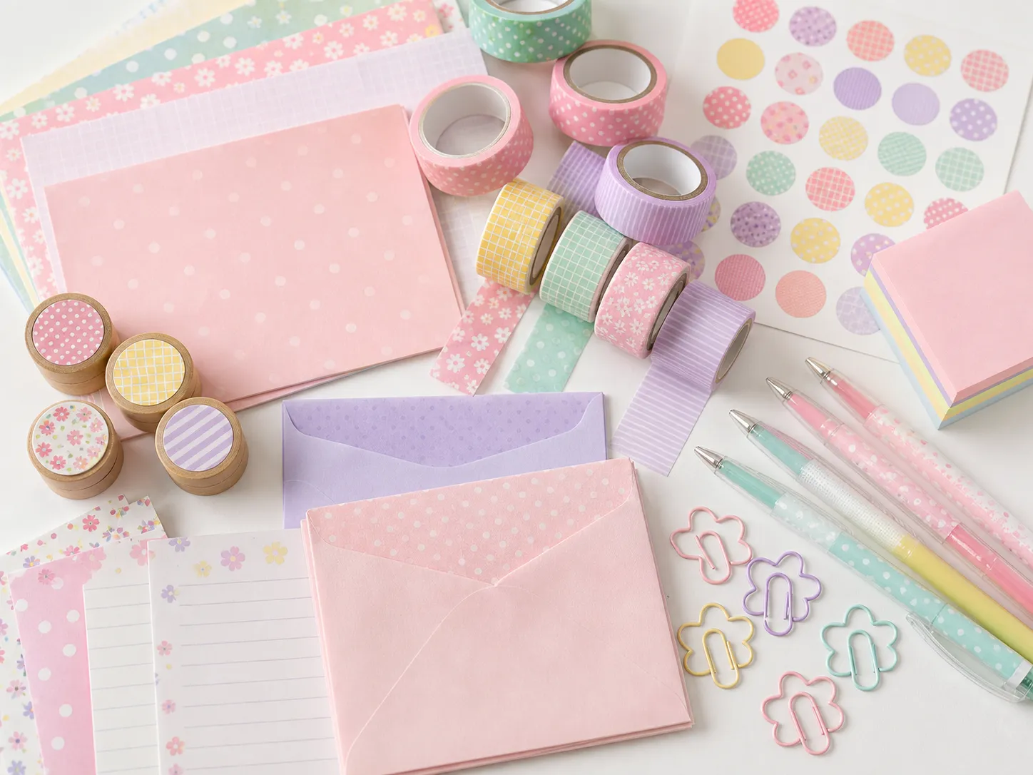 Generated editorial image: rolls of pastel patterned washi tape, a sheet of small stickers, a pale letter set and envelopes, a round ink stamp, pastel gel pens and flower-shaped clips on a white desk.