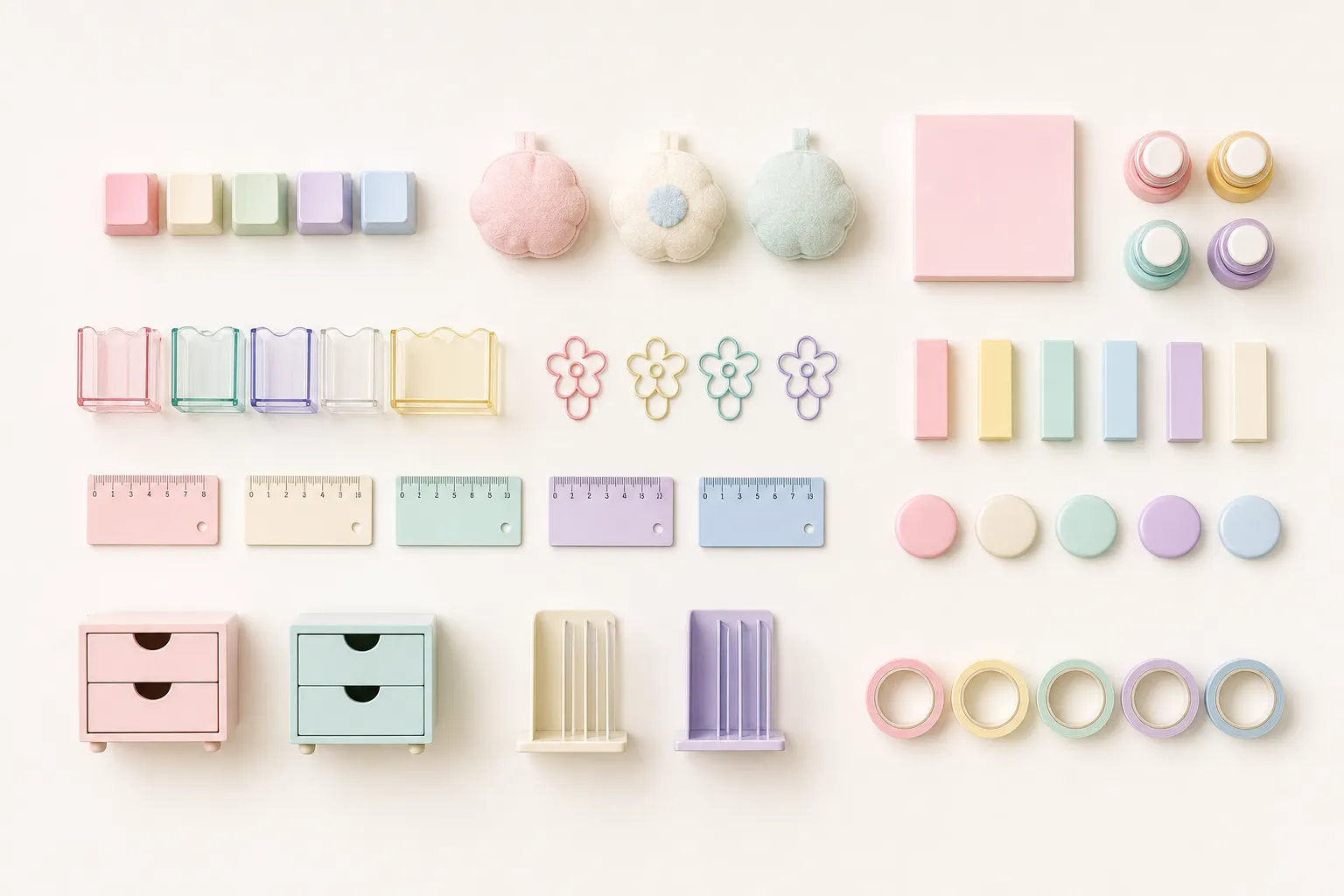 Generated editorial image: a specimen tray of Japanese desk goods laid out in rows on a cream surface — pastel keycaps, a small round fabric mascot, a pink memo pad, a round stamp, an acrylic stand, flower-shaped clips, erasers, a small ruler, round magnets, a miniature drawer, a book stand, and rolls of washi tape.