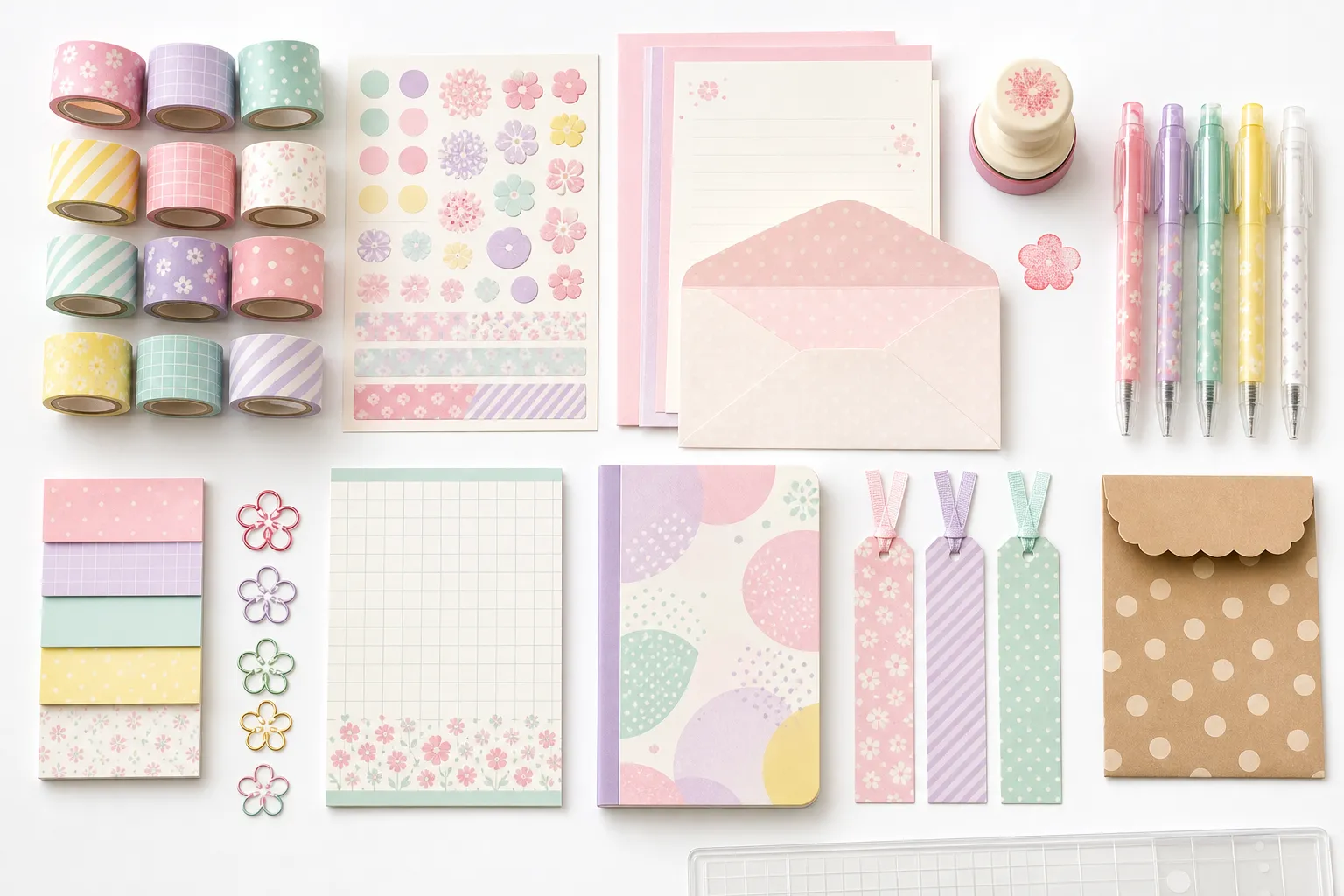 Generated editorial image: a specimen tray of Japanese stationery laid out in rows on white — twelve rolls of pastel patterned washi tape, a sheet of flower stickers, a pale letter set with envelope, a round ink stamp, five pastel gel pens, stacked sticky notes, flower-shaped clips, a grid memo pad, a patterned notebook, three ribbon bookmarks, and a kraft paper bag.